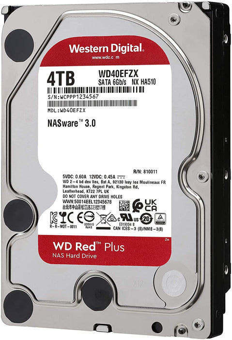 Western Digital 4TB WD Red Plus NAS Internal Hard Drive HDD - 5400 RPM, SATA 6 Gb/s, CMR, 128 MB Cache, 3.5" -WD40EFZX